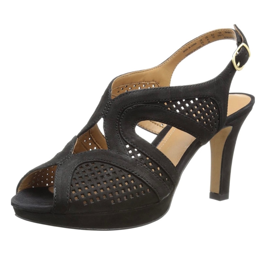 Clarks Delsie Grace Black Slingback Pumps Peep Toe Heels Sandals Shoes Size 7.5